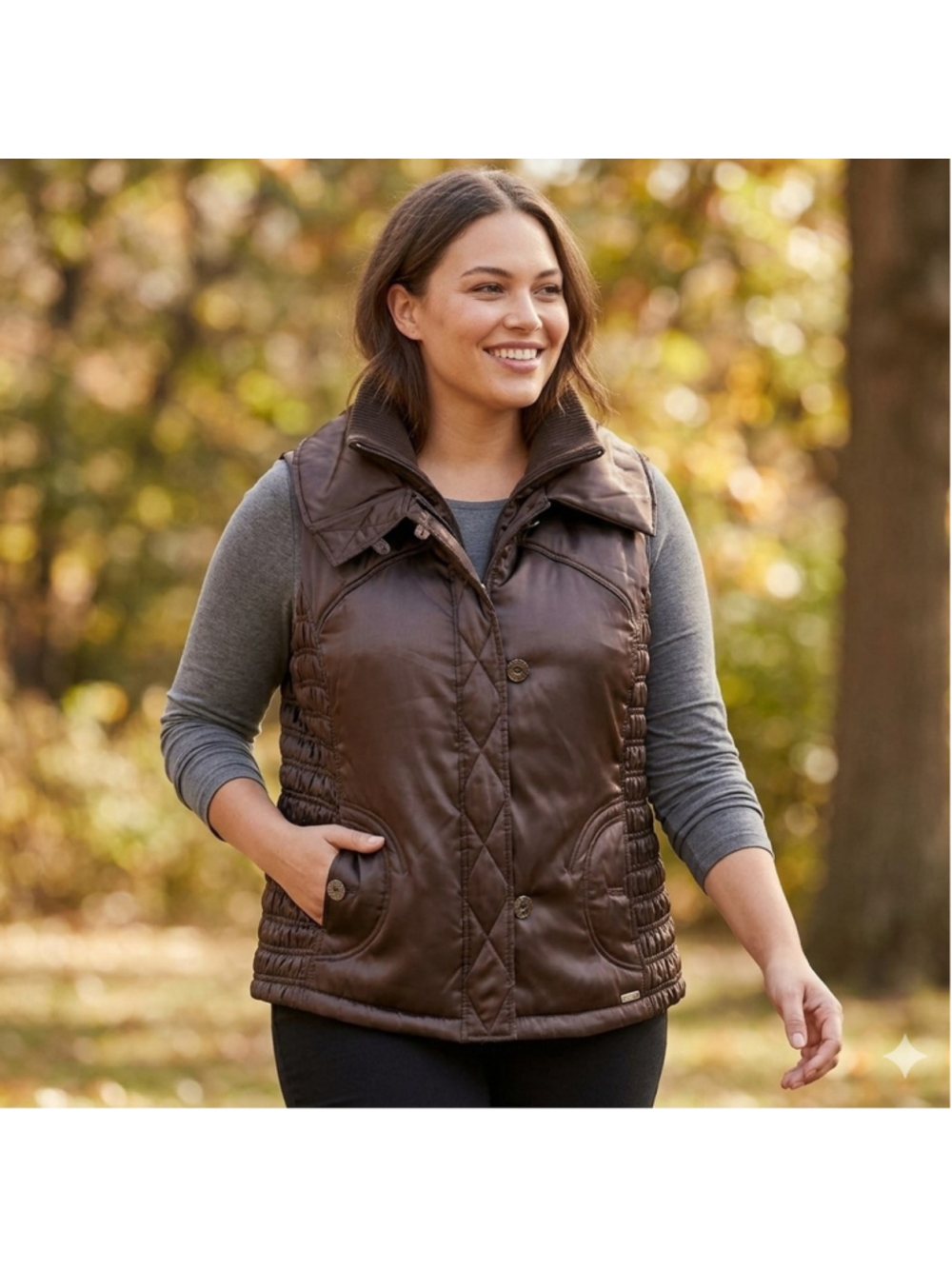 Lane Bryant plus size Brown Quilted-Side Satin Vest with Ribbed Funnel Neck 1356